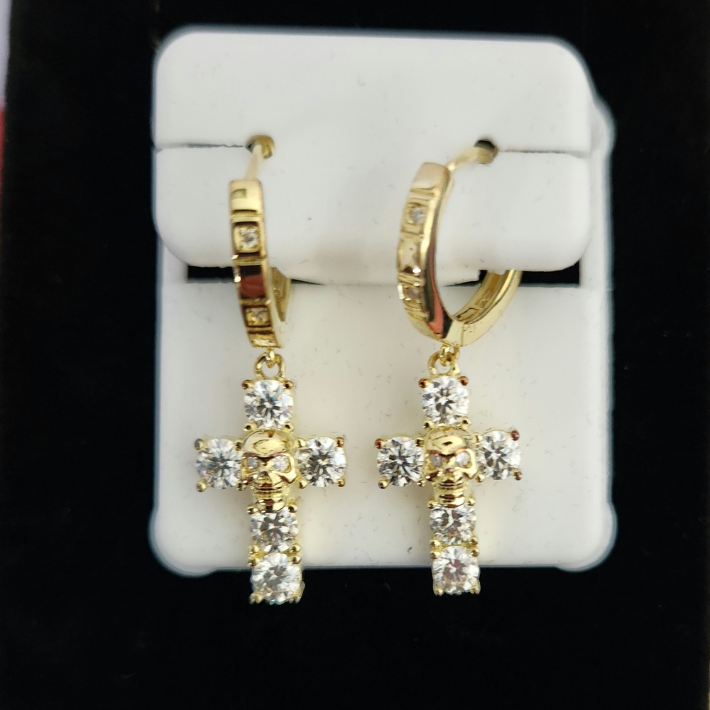 2.00 CTTW Moissanite Gold‑Plated 925 Silver~  Skull + Cross Drop Earrings VVS-D